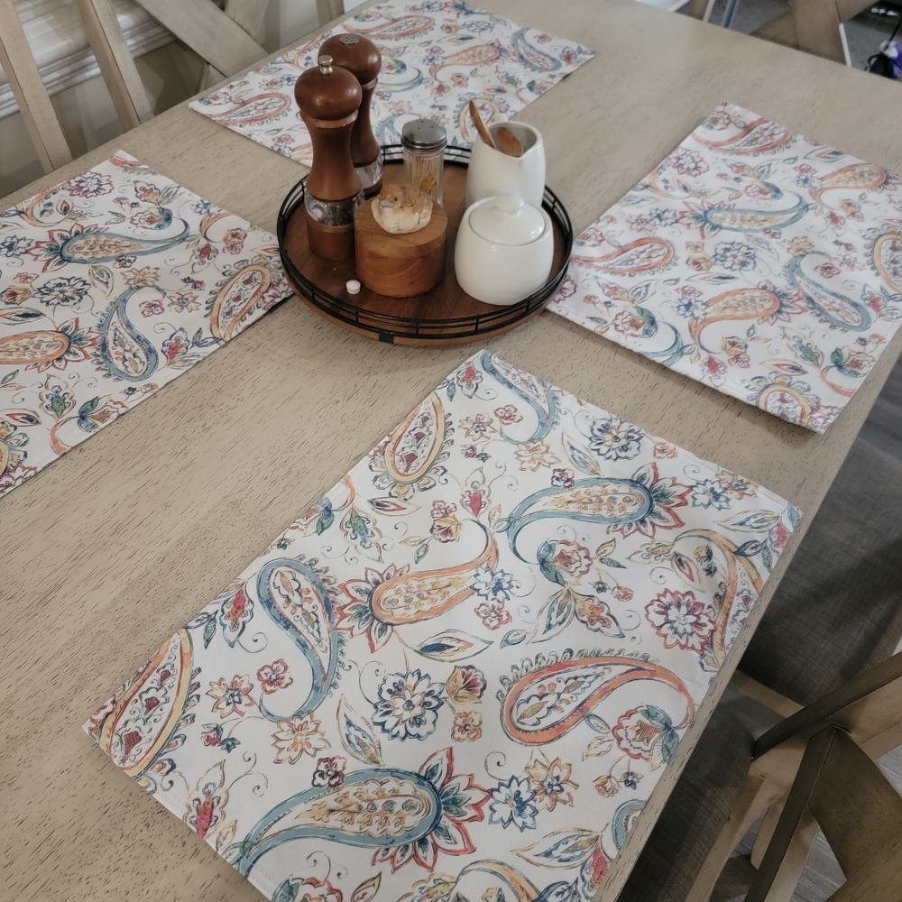 Decorative Paisley Cotton Placemat Set in Cream, Blue & Orange